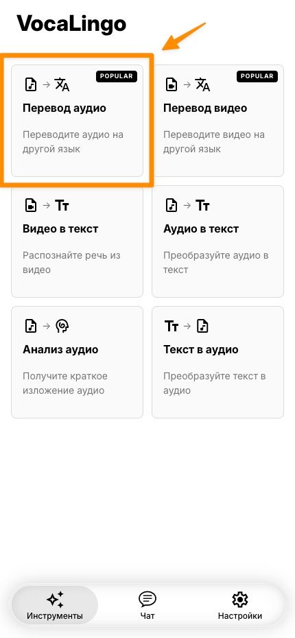 Экран раздела Инструменты VocaLingo