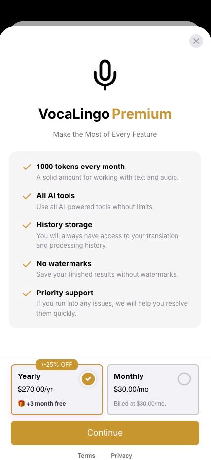 VocaLingo Premium paywall screen